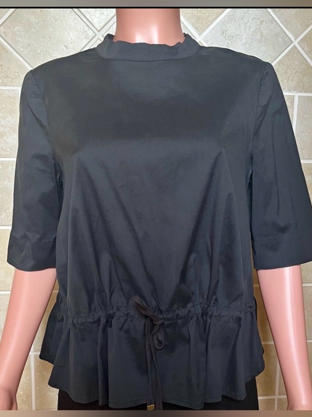 NWOT Anthropology HD in Paris Cotton Peplum Swing Blouse Mock Neck Short Sleeve